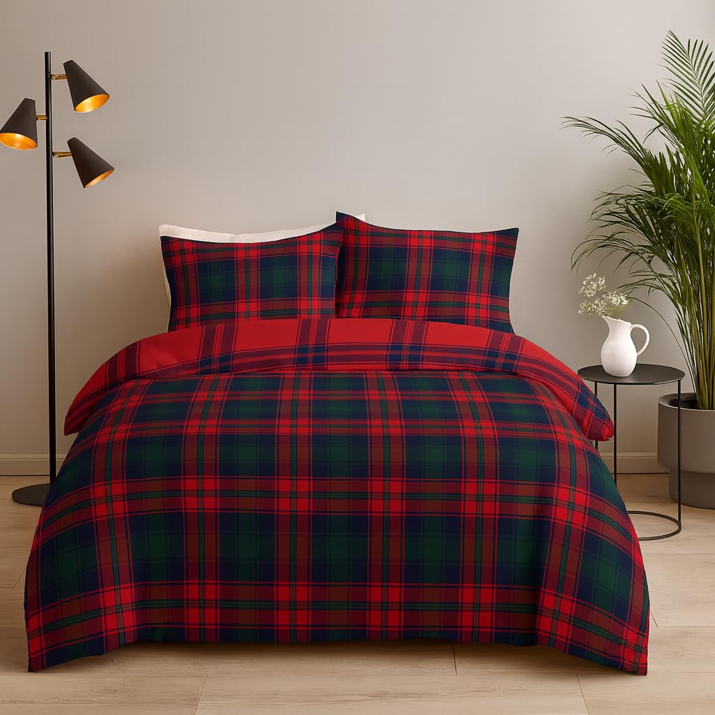 Lions Scotish Tartan Check Red Tartan Check Duvet Cover Set - 100% Polyester - Reversible Double Bedding Bed With Matching Pillowcase, Easy Care Stylish Printed Quit Covers, Red, 200X200cm