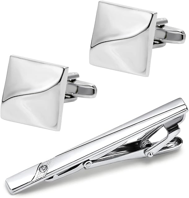 Gleamart Silver Tie Clip for Men Business Necktie Pinch Clip Personalised Cufflink Set