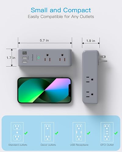 Miniatura 91 de Extensor de salida protector de sobretensiones con enchufe giratorio, 6 tomas de corriente alterna con 3 puertos USB (1 USB C), 1800 J, regleta Negro