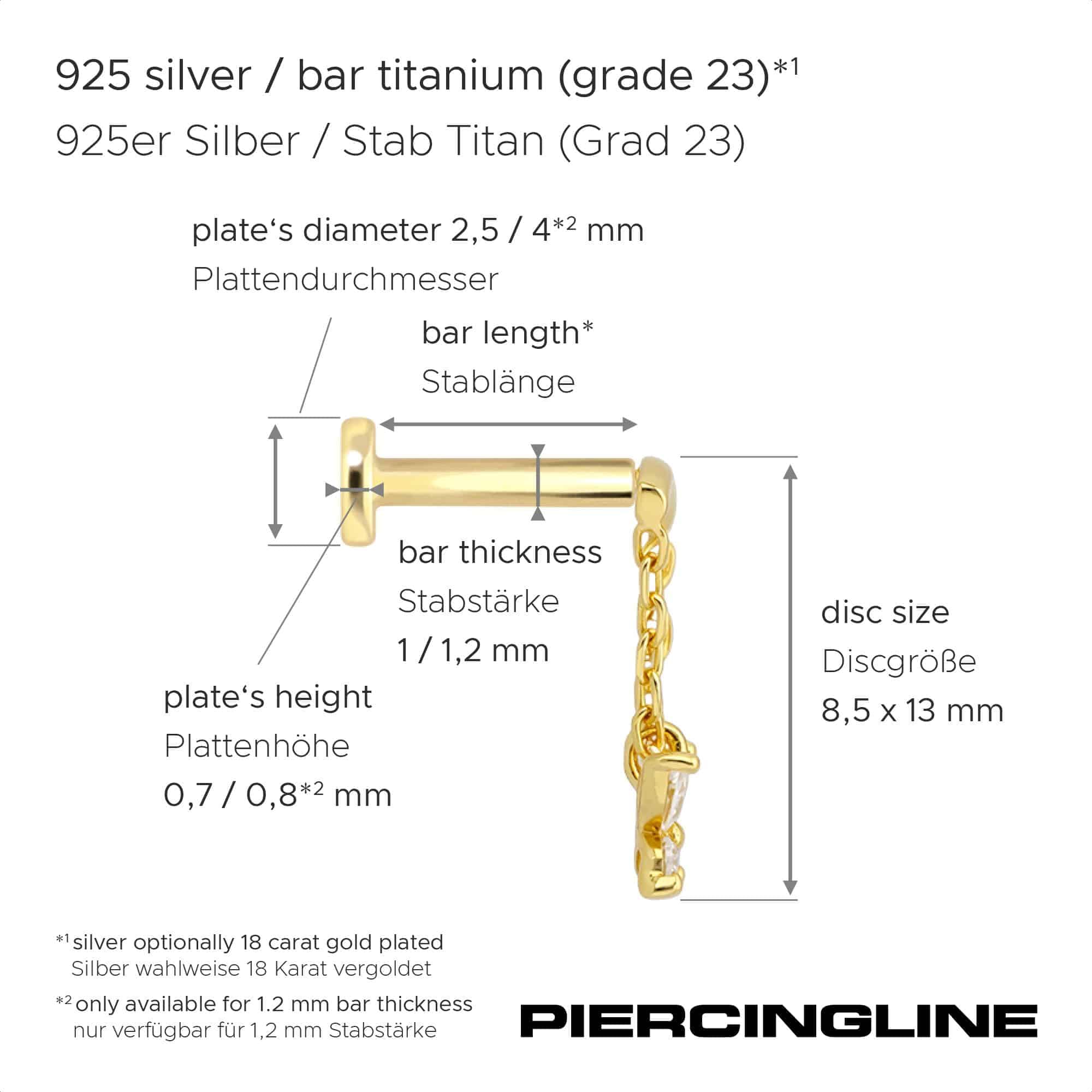 PIERCINGLINE Piercing Stecker Titan Labret mit Innengewinde + 925er Silber Aufsatz MOISSANIT-SCHMETTERLING+ BOGEN + KETTE - Goldfarben, Silberfarben