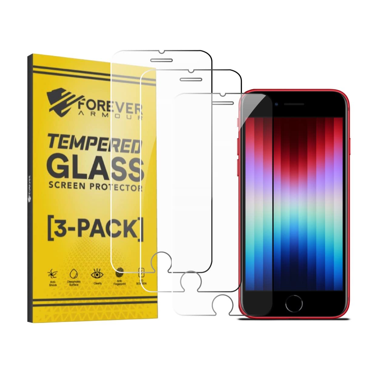 Forever ArmourTempered Glass Screen Protector for iPhone SE 3 (2022), iPhone SE 2 (2020), iPhone 8, iPhone 7 Premium Clear Tempered Glass Technology, 9H-Hardness, HD Clarity 3-Pack