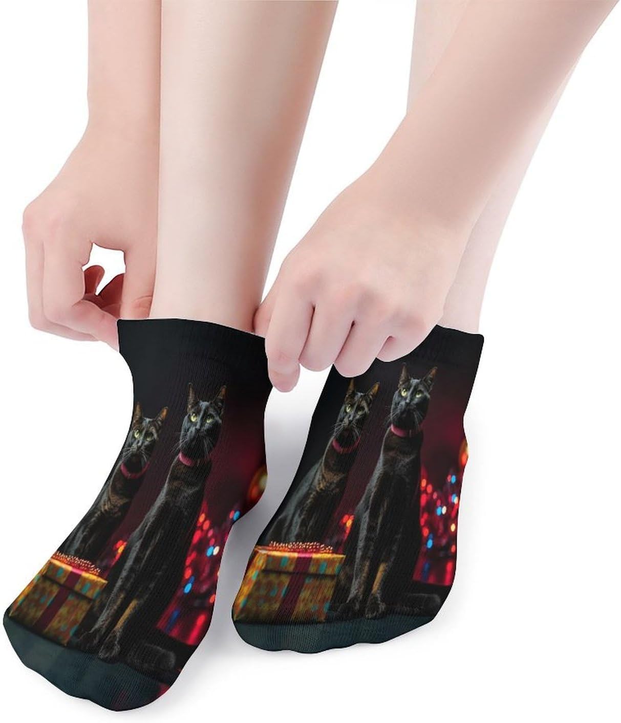 Women's Thin Elastic Socks Low-top Sports Invisible Cat Sitting on Gift Box Printed Ankle Socks 5 Pairs Suitable for Travel Commuting Outdoor