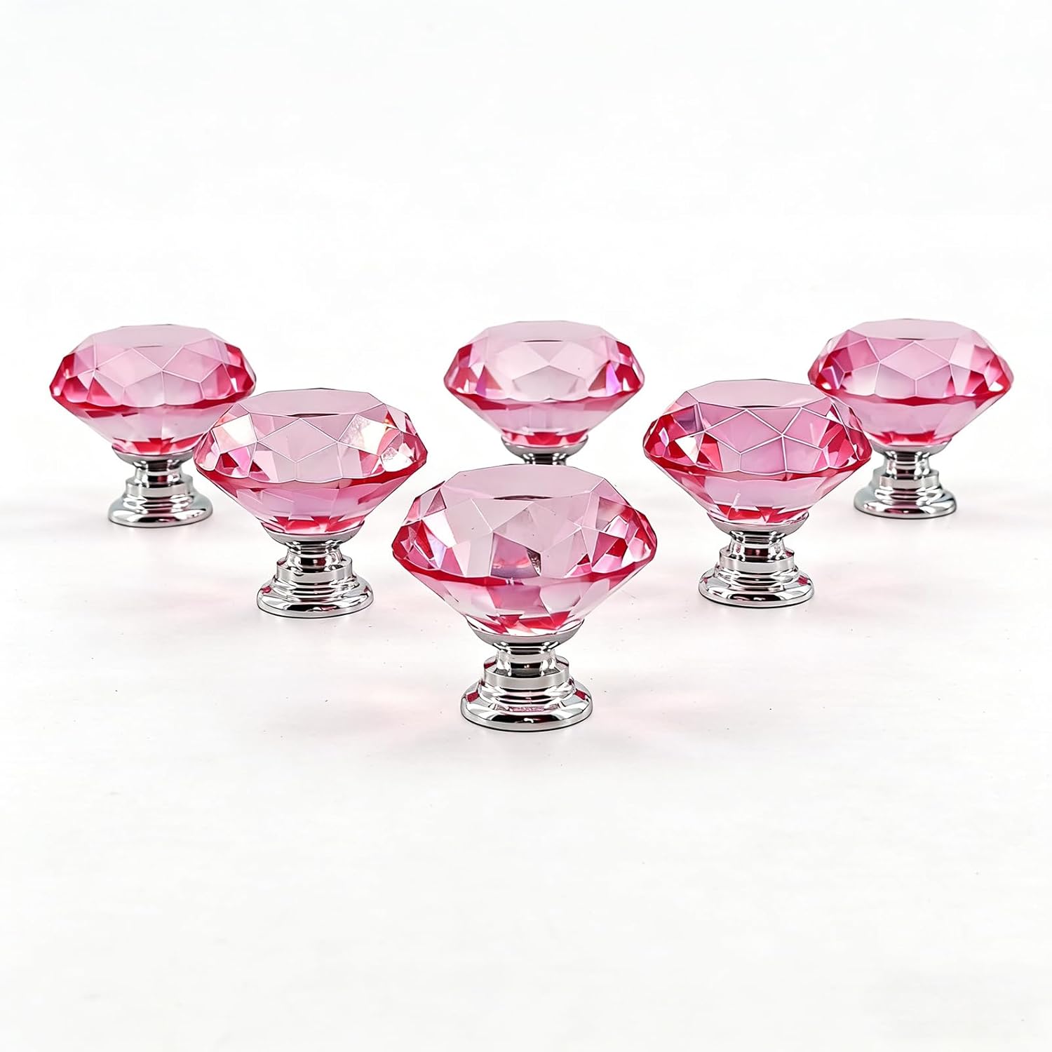 6 Pack Pink Crystal Cabinet Knobs 1.2" Diamond Glass, Girl Vanity Desk Handles, Cute Bathroom Cabinet Pulls for Dresser Drawer, Decorative Drawer Knobs with Screws (Clear Pink Red)