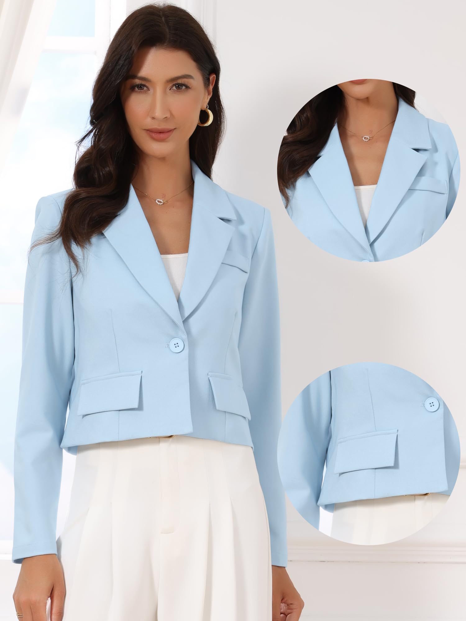 Allegra K Blazer Corto para Mujer con Cuello Entallado Chaqueta de Traje de Manga Larga Americana para El Trabajo Y La Oficina