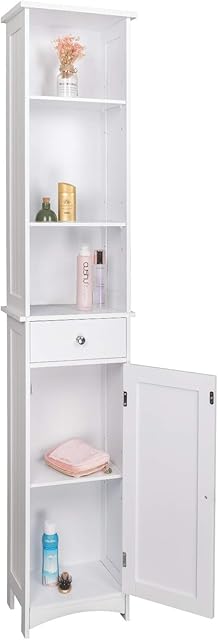 EUGAD Tallboy Bathroom Cabinet Storage Cupboard Floor Standing Wooden Shelf Unit, White