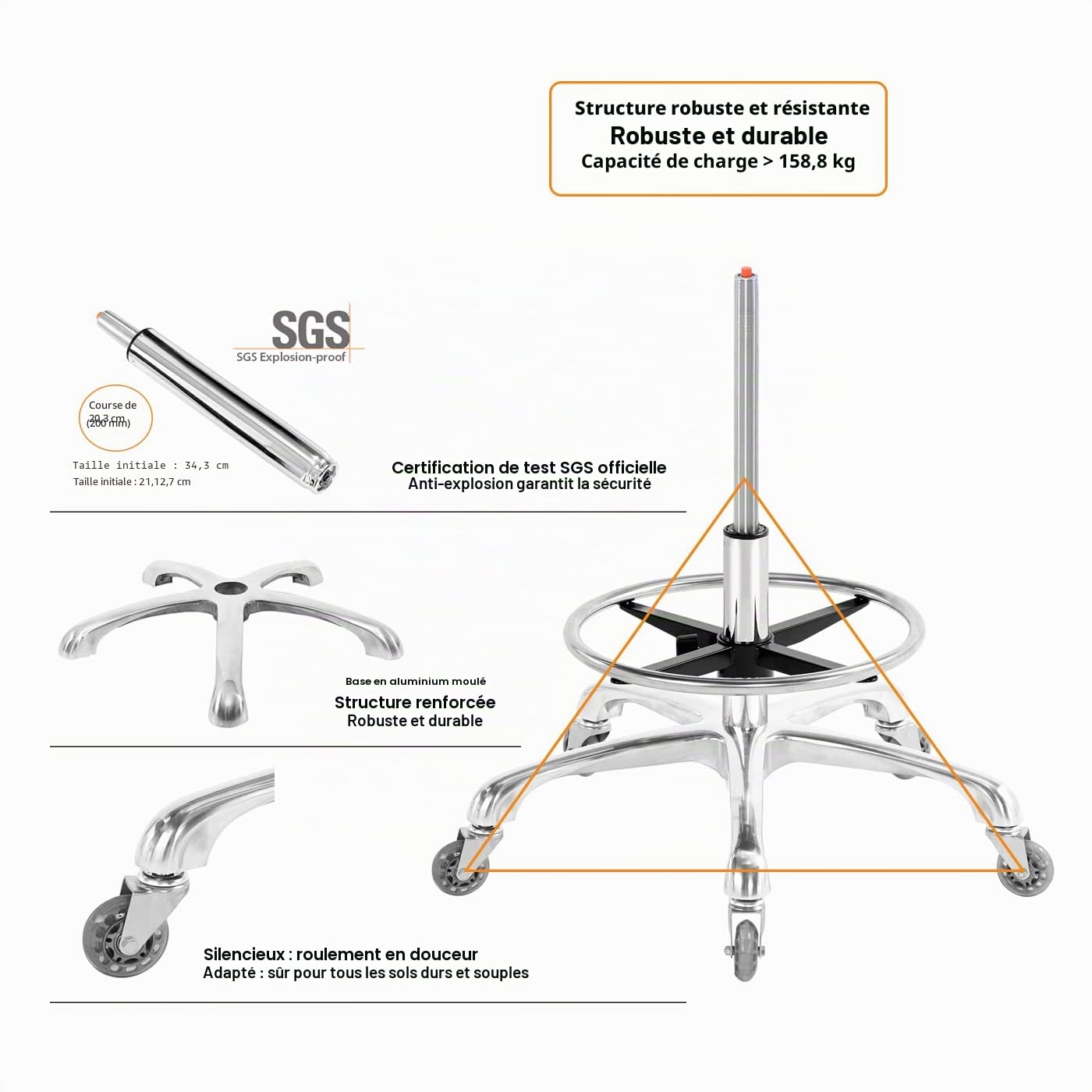 Tabouret de selle avec support dorsal et repose-pieds, très résistant (158,8 kg), tabouret hydraulique pivotant réglable pour salon, spa, beauté, massage, clinique, maison, bureau (noir)