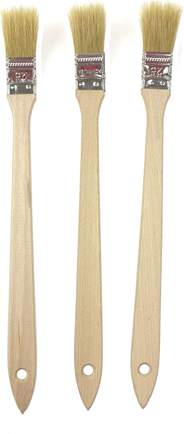 EFO Heizkörperpinsel Set 3 Stück 25 mm | Malerpinsel mit langem Holzstiel für schwer zugängliche Stellen | Fassadenpinsel mit schrägem Kopf für präzises Streichen | Maler Pinsel | Borstenmischung