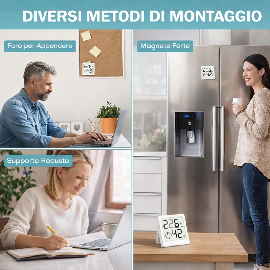 Igrometro Digitale per Interni, Mini Termometro Ambiente con Monitor Temperatura e Umidità, Indicatore Comfort, per Casa, Ufficio, Camera da Letto e Cucina