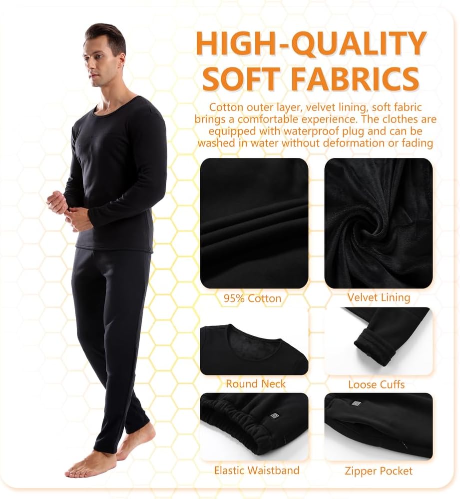 Heated Underwears, Men Women Heating Long John Set Electric Thermal Baselayer Shirt Pant for Outdoor Sport