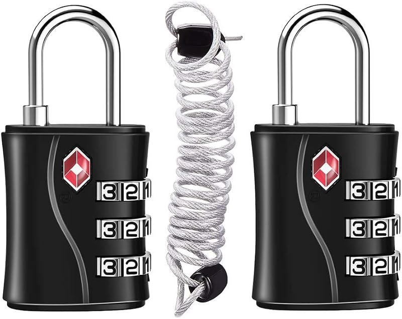 ZHEGE Suitcase Locks TSA Approved, 3 Digit Luggage Locks (Black, 2 Pack) | Flexible Cable (30 in) for Travel, School & Gym Locker