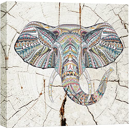 wall26 Canvas Print Wall Art Wood Ring Effect Tribal Pattern Elephant Animals Wildlife Wood Panels Modern Art Farmhouse/Country Expressive Multicolor Warm for Living Room, Bedroom, Office - 24