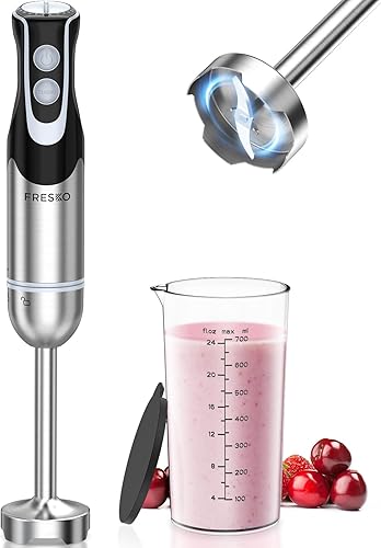 FRESKO - Batidora de inmersión de mano de 500 W con vaso de 700 ml, 12 velocidades y modo turbo, batidora de mano de acero inoxidable 304 para sopa,