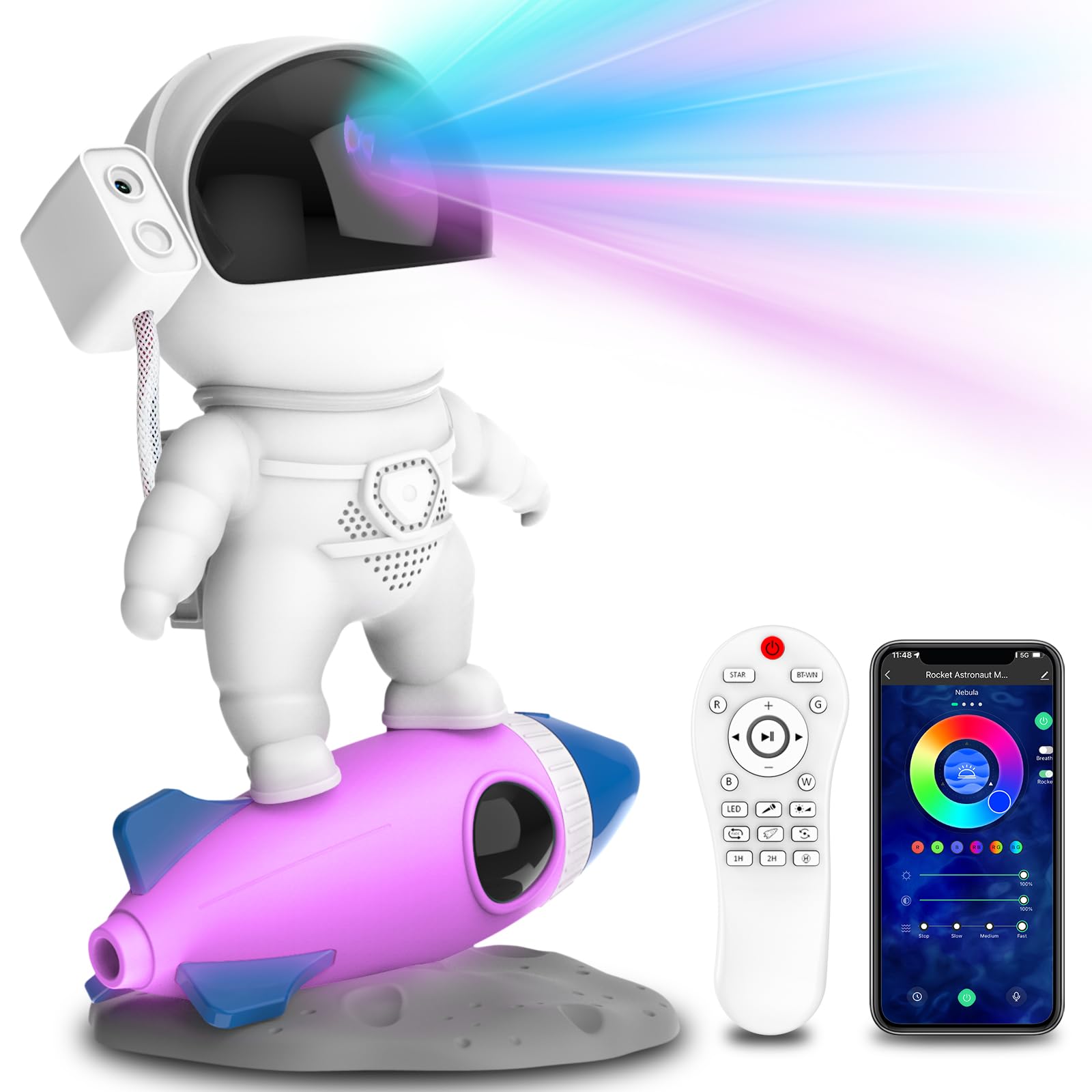 Astronaut Sternenhimmel Projektor, LED Sternenprojektor Nebula Explorer, Sternenhimmel Projektor Kinder mit Bluetooth Lautsprecher,Einstellbare Helligkeit und Geschwindigkeit 360° Rotation
