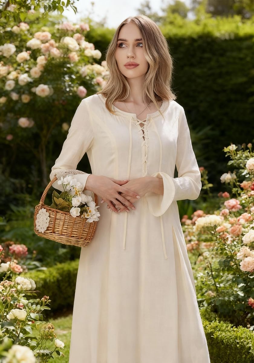 PROCOS Medieval Dress Women's Tunic Underdress Embroidery Vintage Beige Skirt Peasant Cosplay Costumes