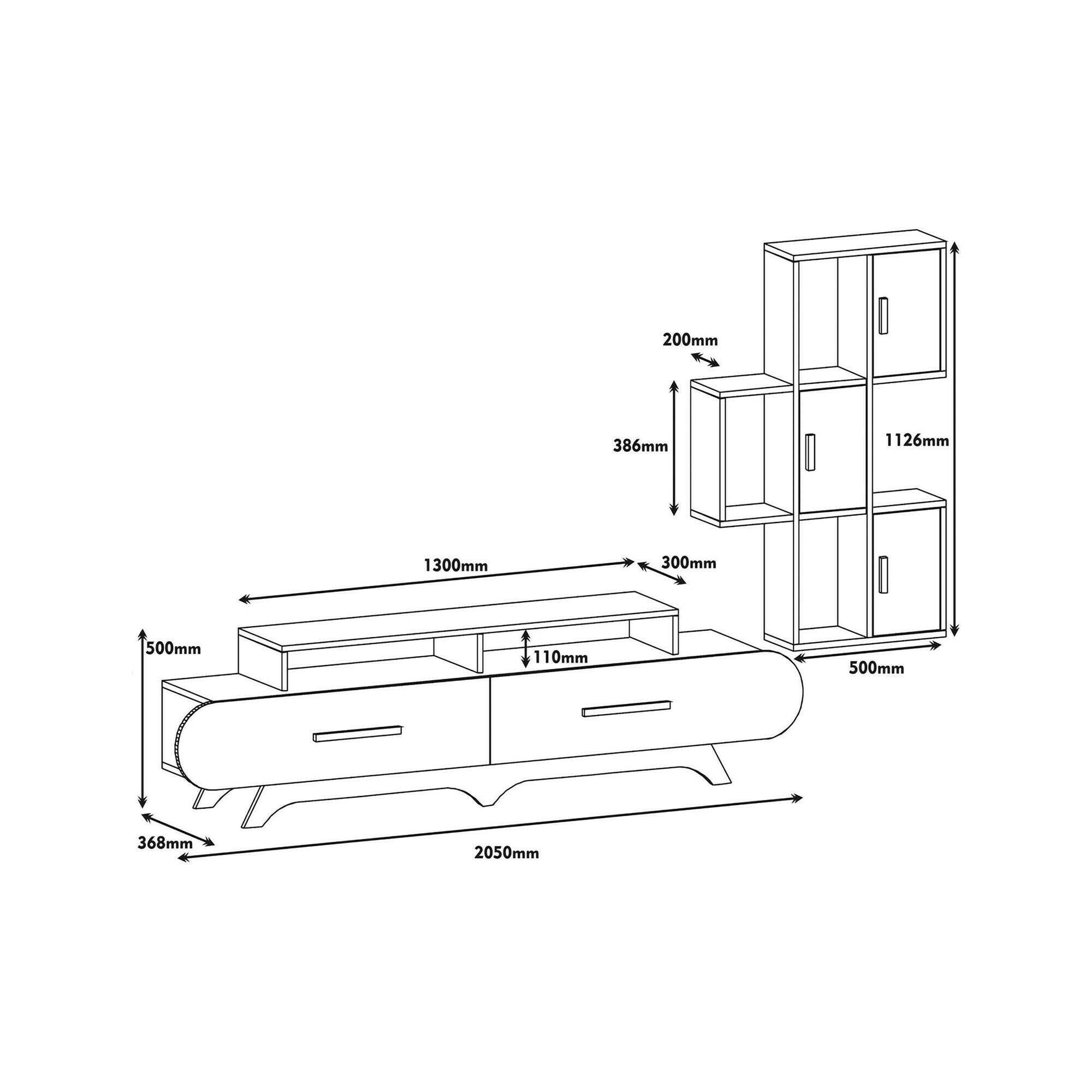 Dmora - Parete attrezzata Zephyria, Composizione soggiorno, Mobile salotto multiuso, Armadio porta TV, 205x37h50 cm, Noce e Bianco