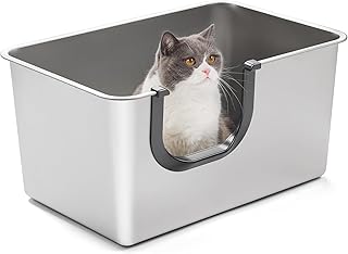 Yangbaga Katzenklo Edelstahl XXL,Offenes Katzentoilette mit Hohem Rand,Katzenklo Metall für Große Katzen und Kätzchen,Geruchsfreie,Auslaufsicher, Griff Freundlich,60x40x30cm