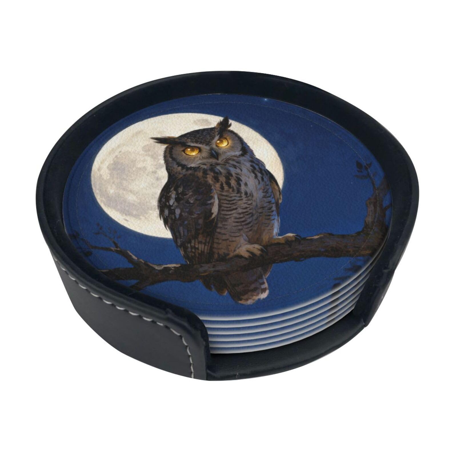 Cntdbu White Owl Moon Night Leather Coasters Set Of 6-Pu Leather Drink Mats For Table, Heat Resistant Round Coasters With Holder