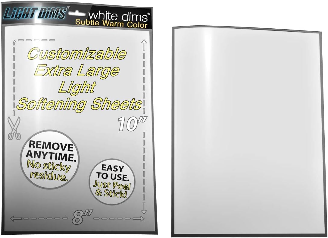 LIGHTDIMS White Dims Self Adhesive Dimming/Softening Sheets for Harsh LED Lights 8"x10.5" Size (2 Sheets) Subtle Warm Color & a Free Mystery Gift Sheet (3 Sheets Total). Packaging May Vary