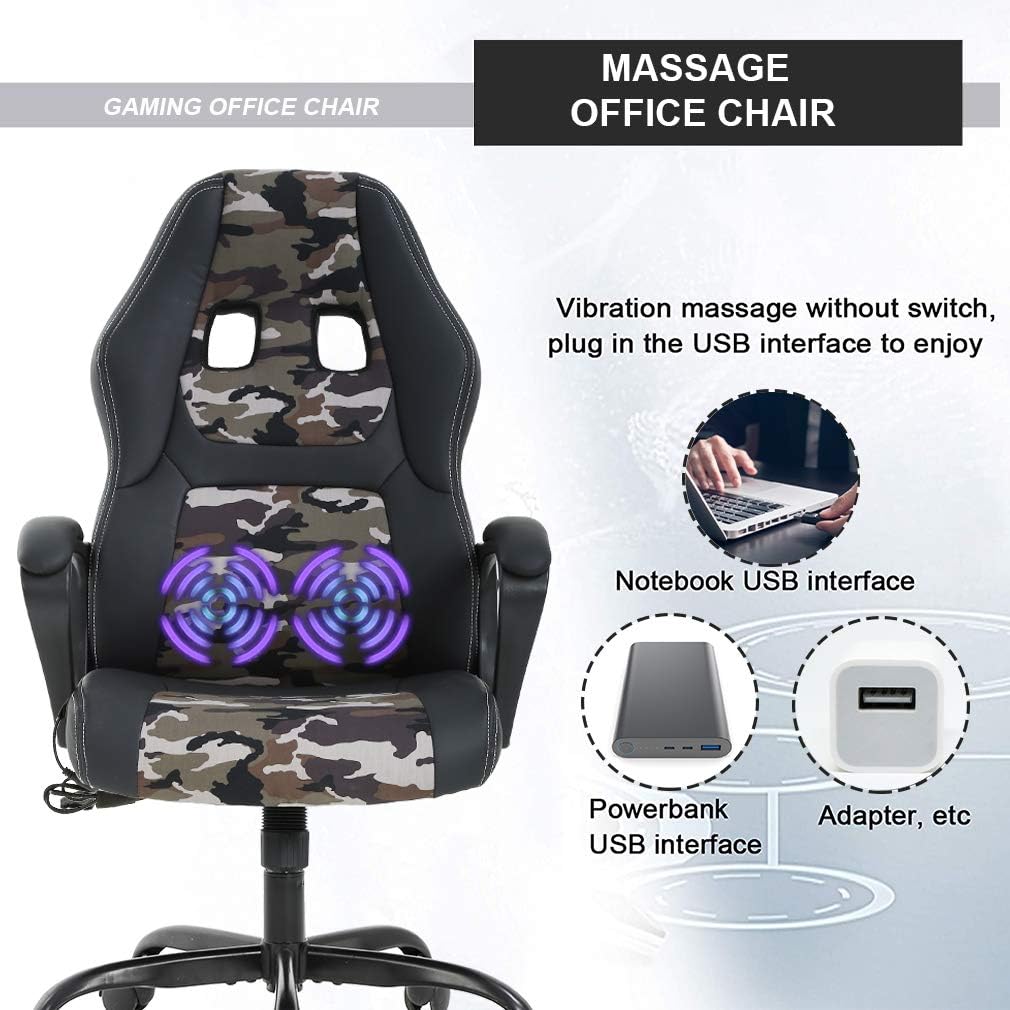 Racing-Style Gaming Chair Ergonomic Office Chair PU Leather Swivel Chair with Massage Function, Adjustable Lumbar Support, and Headrest (Camo)