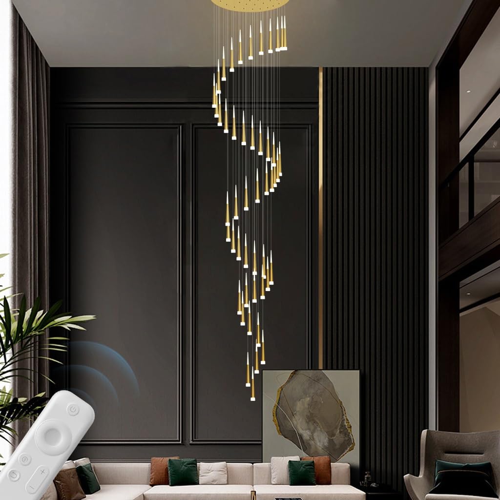 Lustre escalier moderne doré LED dimmable à 48 tubes suspendus pour grand hall d'hôtel