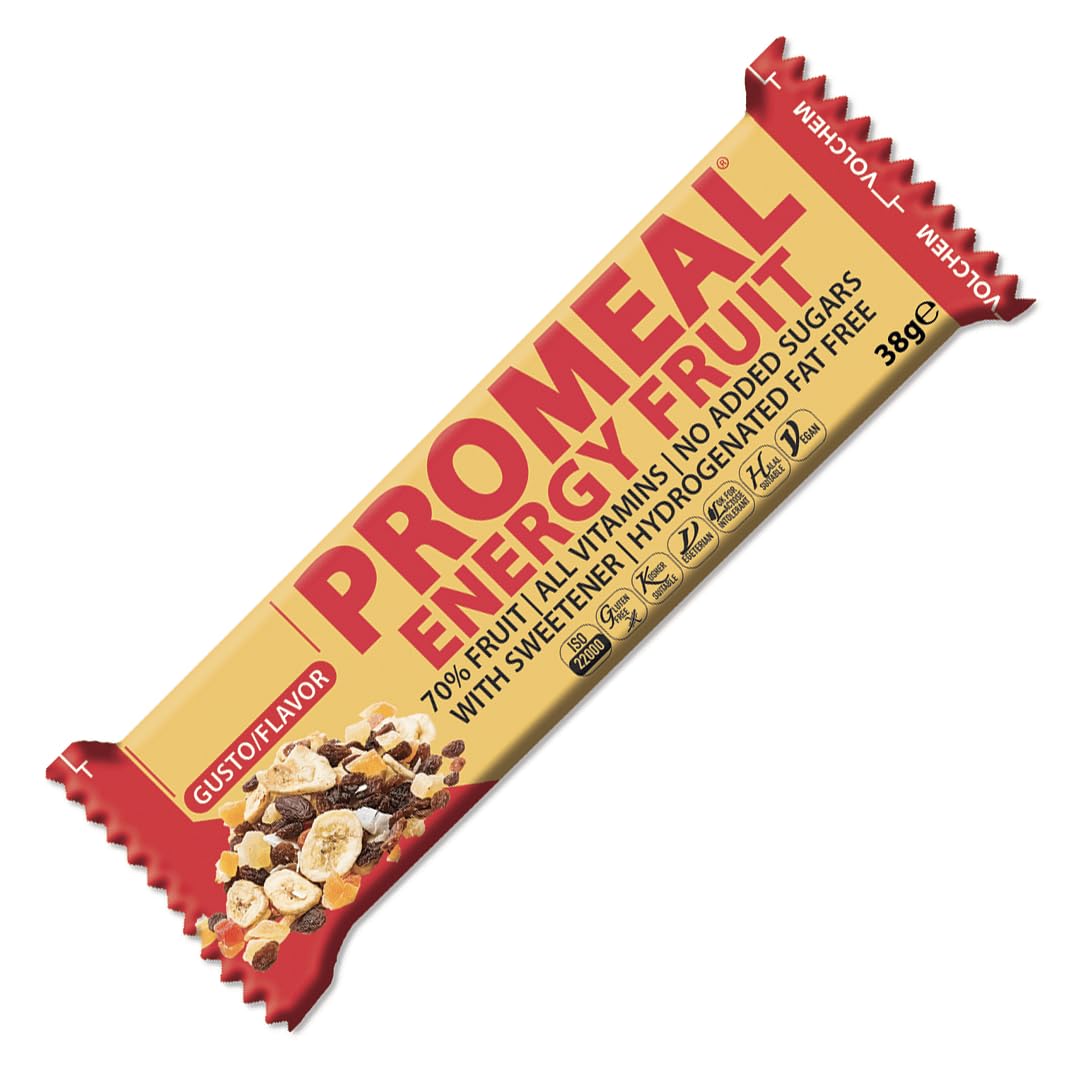 Volchem Promeal Energy Fruit, Barretta Energetica Ricca di Frutta al 70%, Contiene Tutte le Vitamine, Senza Grassi Idrogenati e Zuccheri Aggiunti, Scatola da 25 Barrette, Gusto Fruit, 950 g