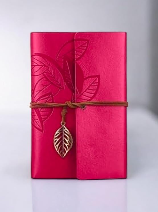 MR Deri Kraft Kağıtlı Not Defteri Yaprak Baskılı Deri Kapaklı Günlük Not Defteri Özel Tasarım HEDİYELİK KUTULU AJANDA (PEMBE)