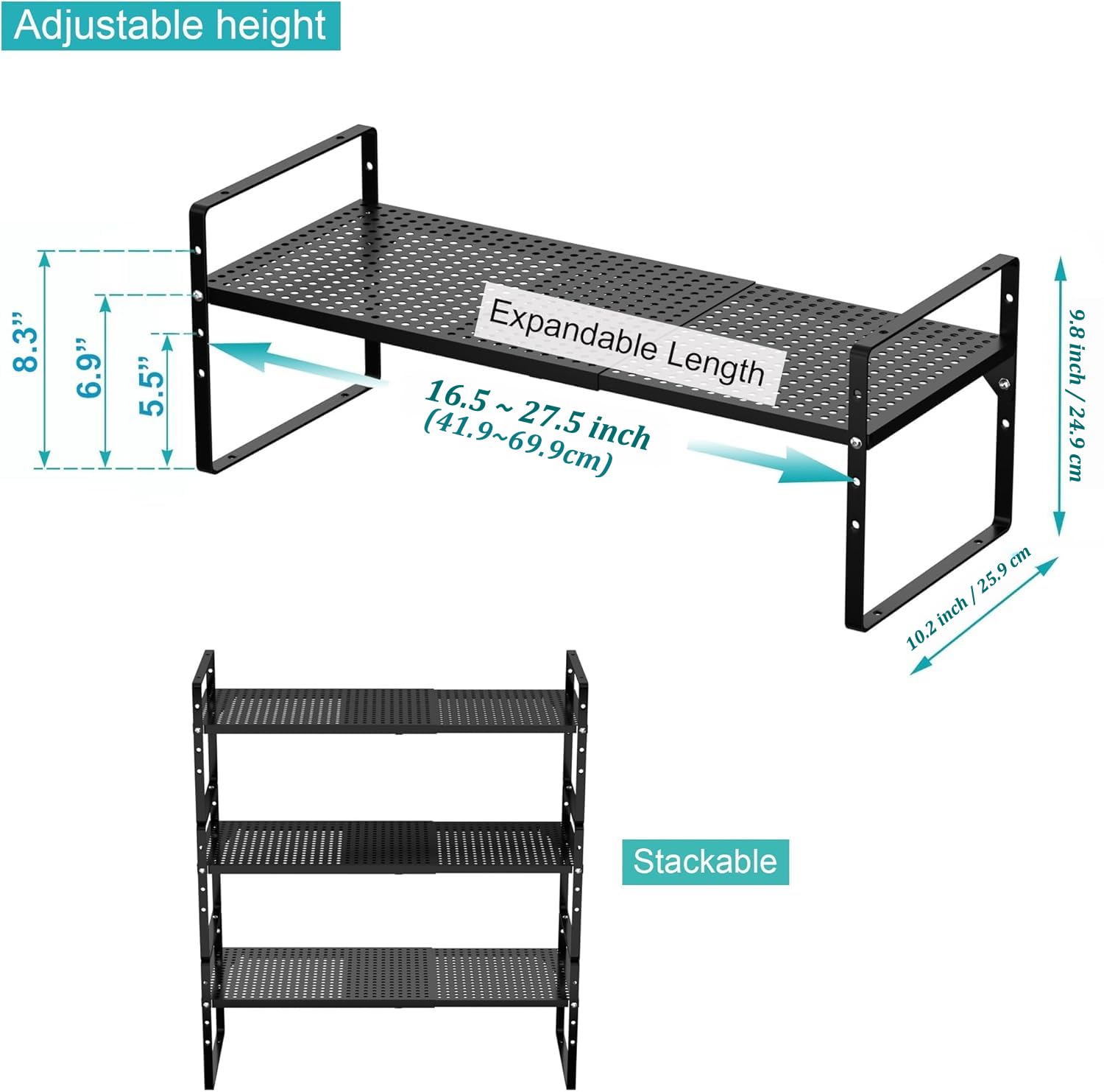 IPEGTOP 2er-Pack Großes ausziehbares Schrank-Aufbewahrungsregal, stapelbares Gewürzregal aus Stahl, höhenverstellbar – für Zuhause, Büro, Speisekammer, Garage, Arbeitsplatte (Schwarz)