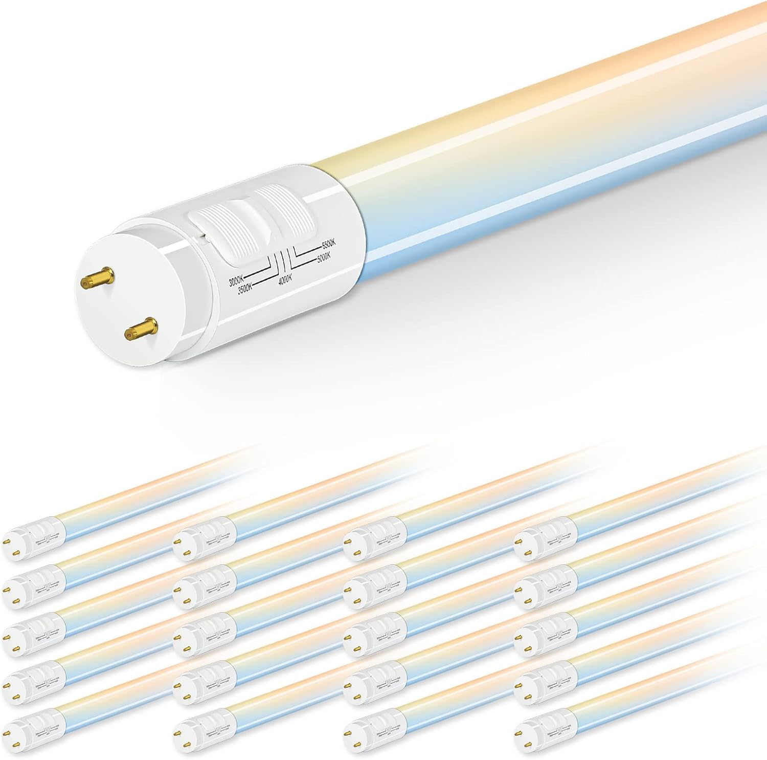 hykolity 20 Pack 5CCT 4FT LED T8 Ballast Bypass Type B Light Tube, 18W, 3000K/3500K/4000K/5000K /6500K Selectable, Single or Double End Powered, 2300lm, T8 T10 T12 Tube Light, 120-277V, UL, FCC