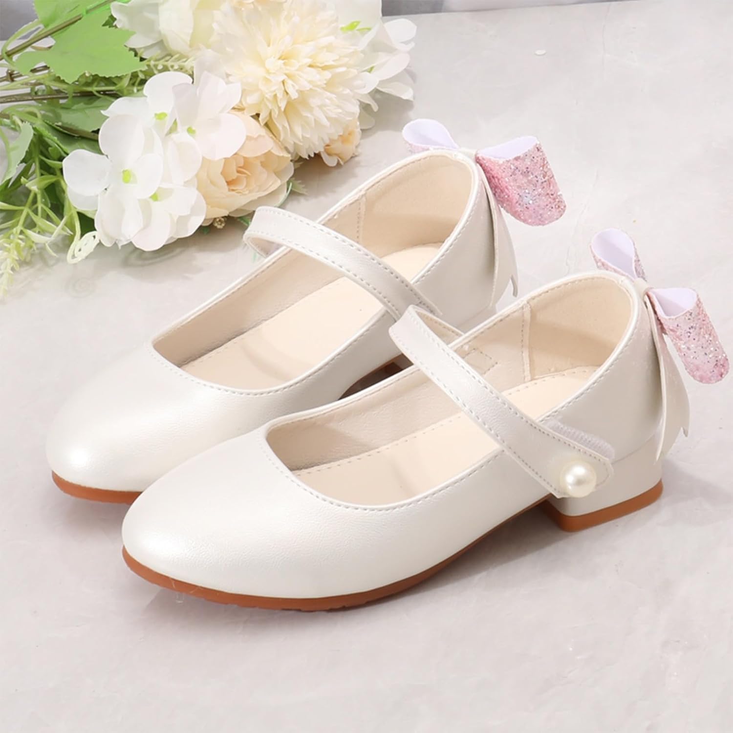 IWIHMIV Girls Dress Shoes Mary Jane Flower Girls Cute Bow Princess Low Heels Shoes for School Wedding Party