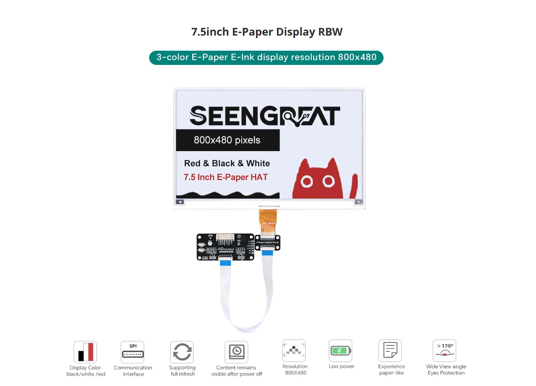 7.5 Inch E-Paper Display 3 Color (Black White Red), 800x480 SPI E-Ink Screen Module, Partial/Fast/Full Refresh, 3.3V/5V Level Shifter, Compatible with Raspberry Pi, ESP32, STM32, for Arduino