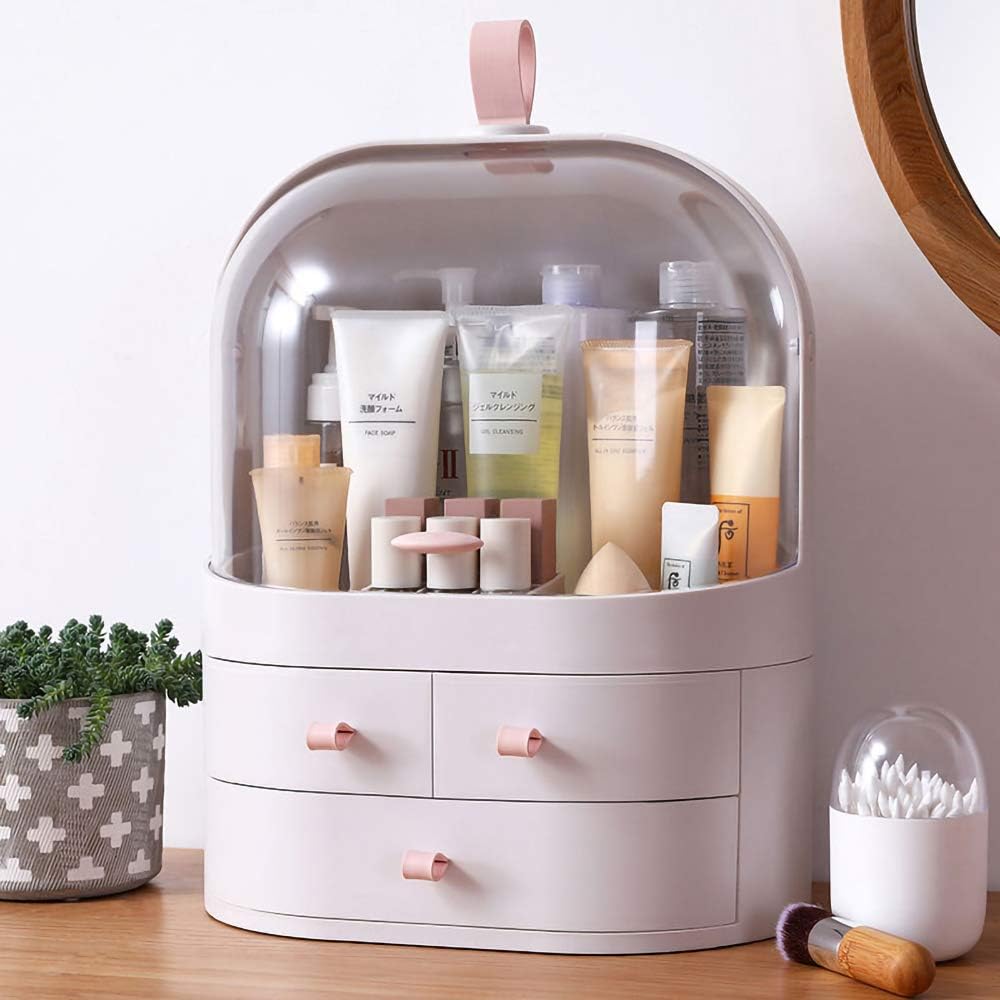 Ihuiniya Large Cosmetics Organizer Box，Cosmetics storage display rack with drawer，Waterproof, dustproof, elegant display cabinet，Suitable for bathroom countertop, bedroom dresser (White)