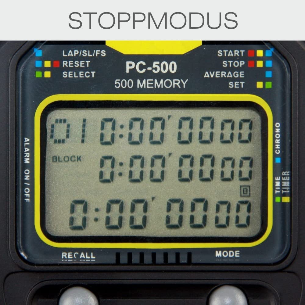 SCHÜTT Stoppuhr PC-500 (500 Memory Speicher | Uhrzeit & Datum | Dualtimer) - Digital Profi Stoppuhr mit Druckpunktmechanik | spritzwasserfest |Trainer