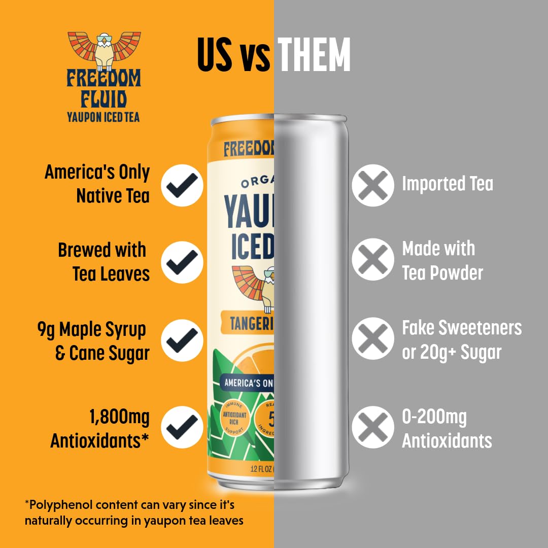 Freedom Fluid Organic Yaupon Iced Tea – Tangerine Mint | Herbal Tea Drink | Lightly Sweetened, Low Sugar, Low Calories, Real Brewed Tea, Clean Ingredients, Antioxidant Rich, Natural Caffeine, 12 Pack (12 oz cans)