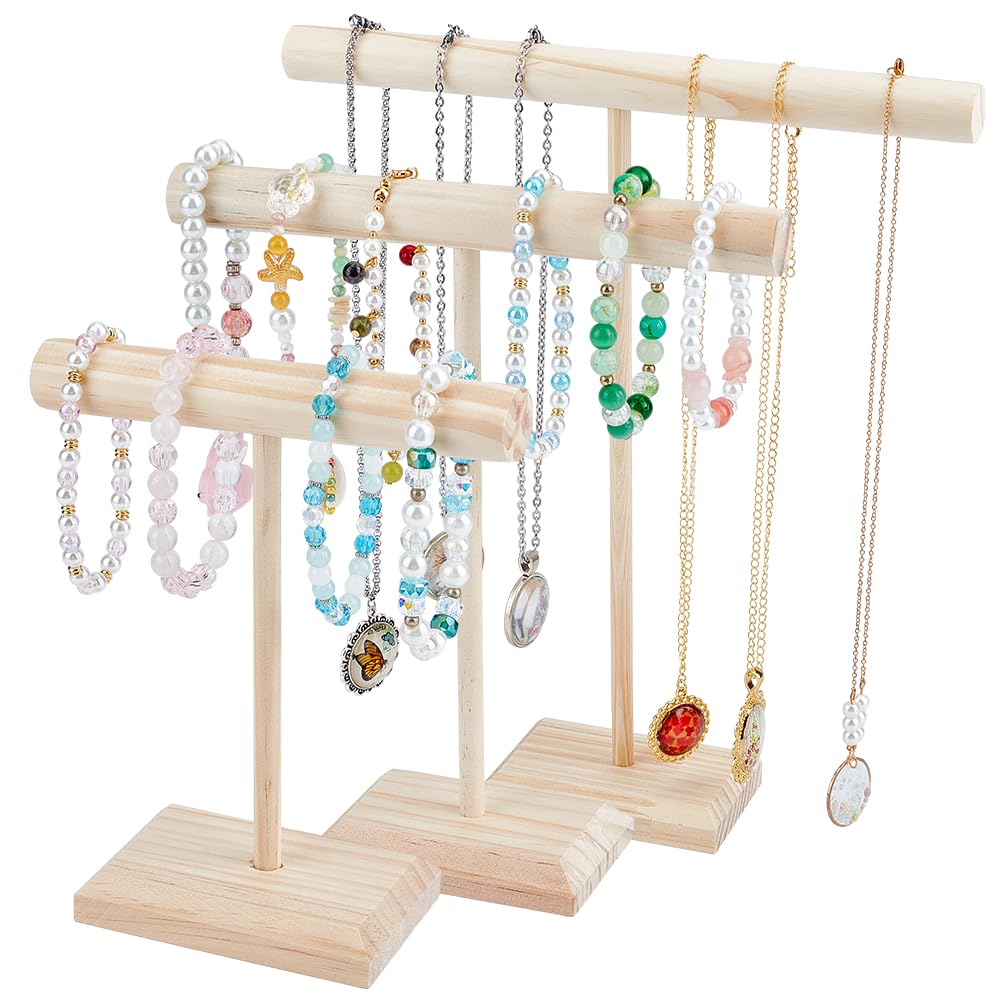 PH PandaHall 3 Sizes Wooden Bracelet Display Stands T-bar Jewelry Holder Necklace Holder Stand Bangle Storage Rack Jewelry Organizer Display for Store Vendors Showcase Selling