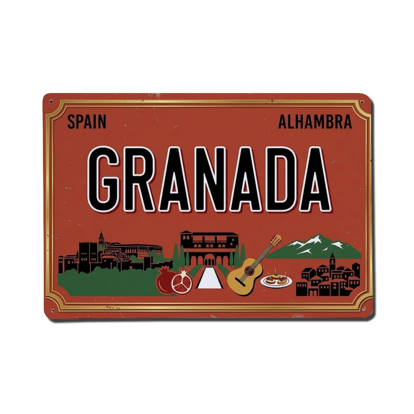 Cwbufd 8X12inch(20X30cm) Vintage Travel Granada Spain Alhambra Palace Tapas Metal Tin Sign Plaque Wall Decor For Cafe, Club Bar, Office, Garden Metal Poster 8X12inch