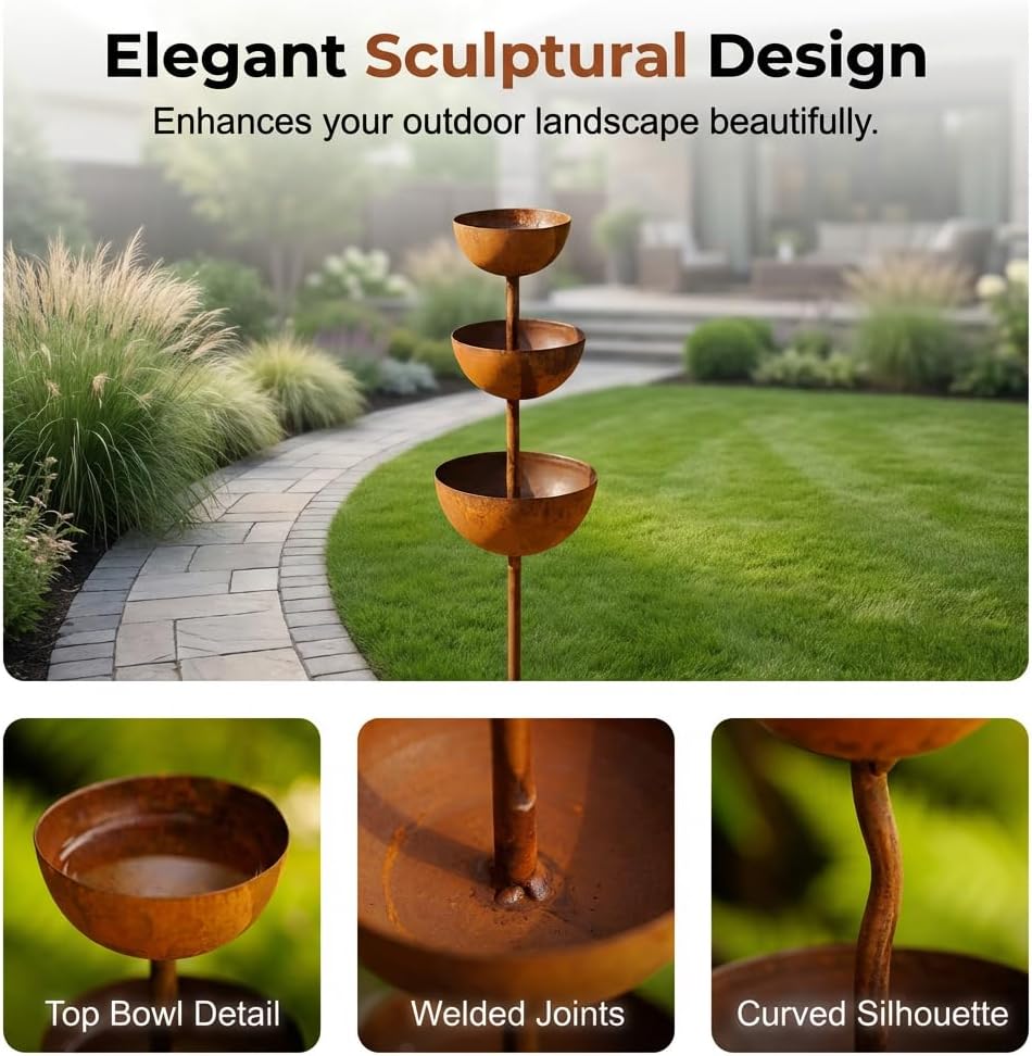 Rain Catcher - Plant Support Metal Garden Ornament, 2026 New Rain Catcher Garden Stake with 3-Tiered Water Bowls, Bird Bath & Butterfly Feeder, Outdoor Yard Art Decor (3)