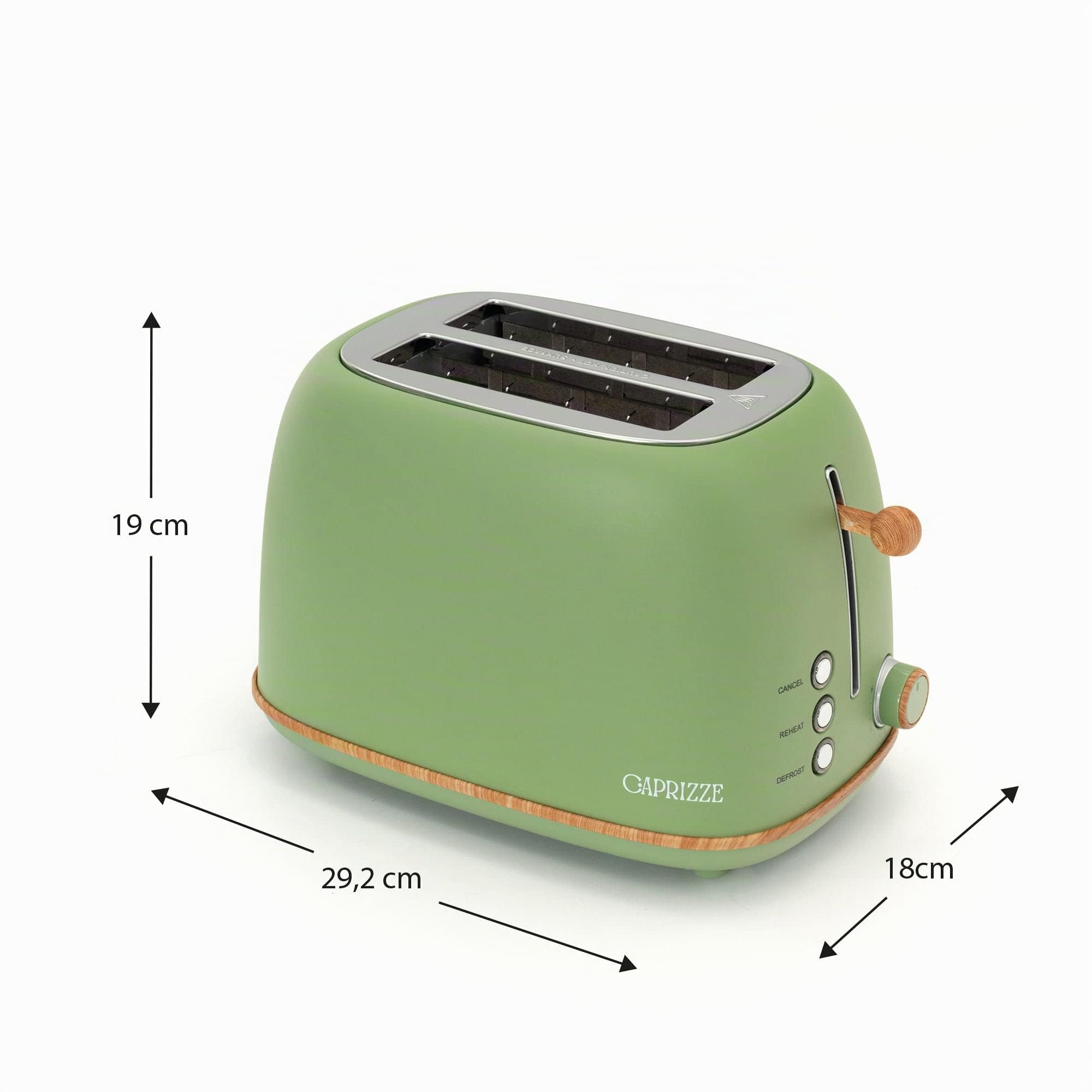 Tostadora de Pan Caprizze Kaito con Doble Ranura Extra Ancha 6 Niveles de Tostado Diseño Vintage con Efecto Madera Verde Mate