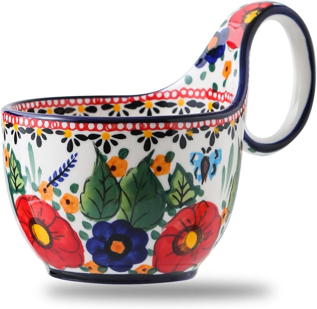 15oz Large Soup Bowl with Loop Handle, Polish Pottery Ceramic Handpainted Decorative Mug Cup with Handle, Bowl for Soup Cereal Fruits Chili Stew Ice cream Dishwasher & Microwave Safe Housewarming Gift