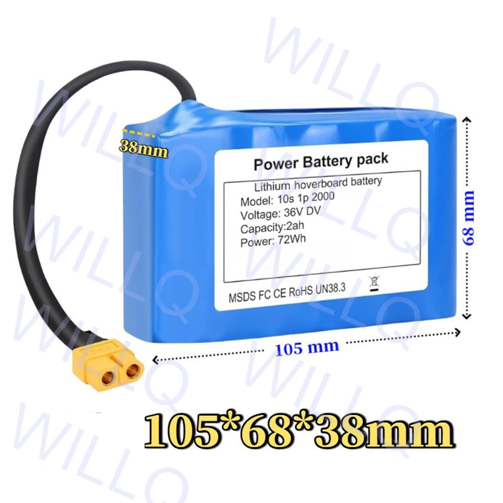 Batterie pour Hoverboard 36 V (36 V / 2 Ah / 2000 mAh) – Pack de Remplacement au Lithium 10S1P avec connecteur XT60 – pour Trottinette, gyropode, monocycle et Moteur.