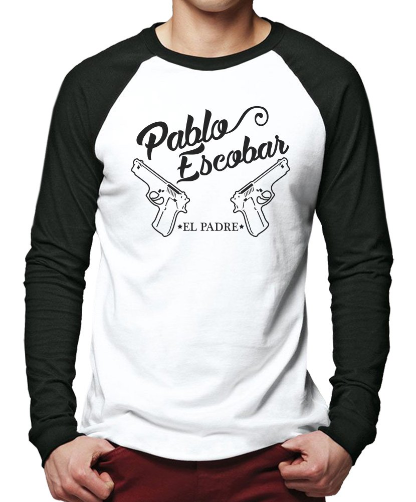 HotScamp Pablo Escobar El Padre Drug Lord Men's Baseball Top - White/Black X-Large