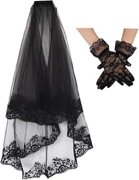 Mantilla Schleier Mit Handschuhen Schwarzer Hochzeitsschleier Mit Handschuhen - Mantilla Spitzenschleier Für Gothic Braut Schleier Schwarz