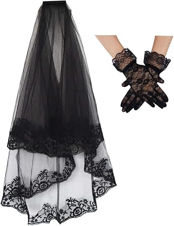jiebor Black Lace Veil Bridal Wedding Veils Halloween Veil With Comb and Gloves
