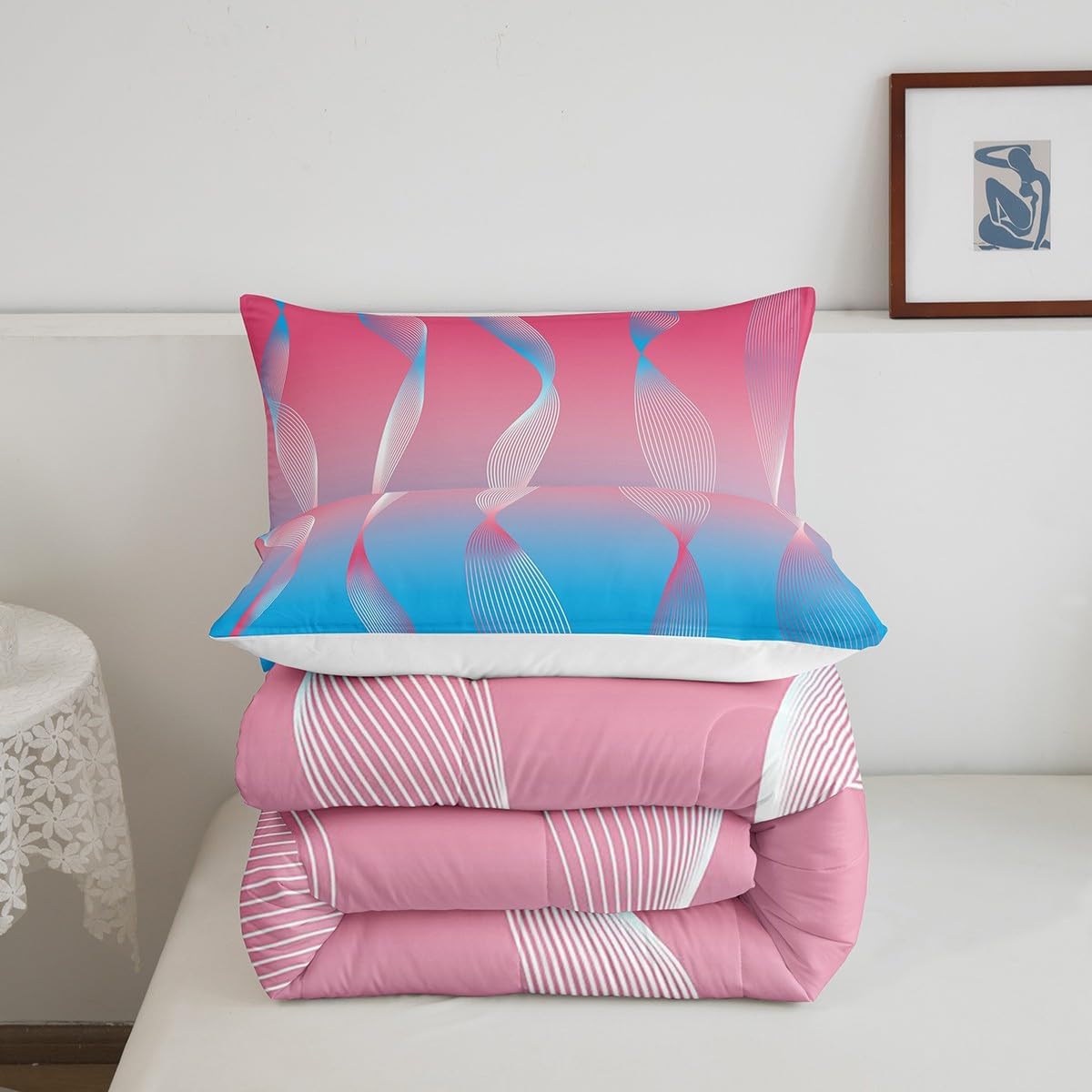 Erosebridal Gradient Gradient Pink to Blue Comforter Set Full,Silver Foil Print Wave Striped Quilt Ombre Bedding Set,Abstract Art Room Decor Aesthetic