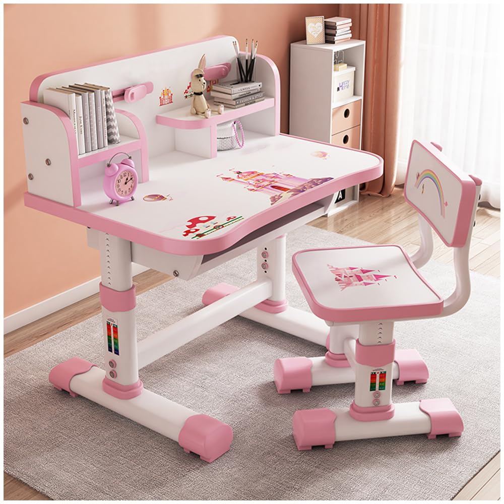 Kinder-Schreibtisch- und Stuhl-Set, höhenverstellbar, Cartoon-Muster, Lerntisch mit Schublade und Buchständer, ergonomischer Schüler-Schreibtisch