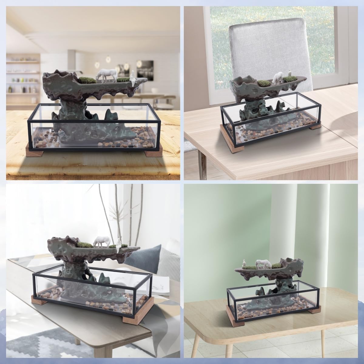 Desktop Waterfall Fountain with Rockery, Clear Fish Tank and Figurines, Indoor Tabletop Fountain with Automatic Pump, Zen Water Fountain for Home Living Room Office Decor