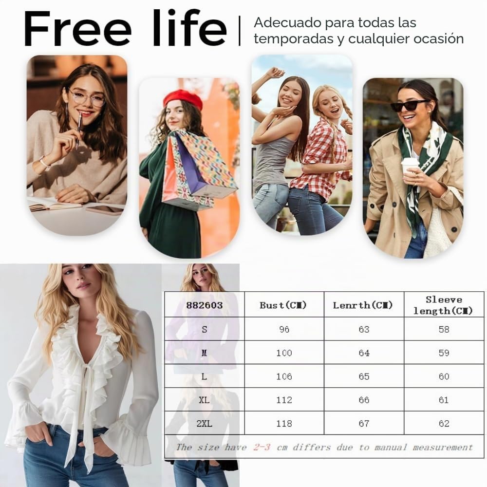 Elegante blusa de gasa con cuello en V y volantes para mujer, manga larga, con volantes, lazo frontal, cuello con volantes, blusa de gasa
