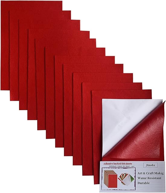 Samoprzylepne arkusze filcu, 12 sztuk filcu samoprzylepnego w różnych kolorach, arkusze filcu 20x30 cm z podkładem samoprzylepnym do szycia, majsterkowania i rękodzieła (Czerwony)