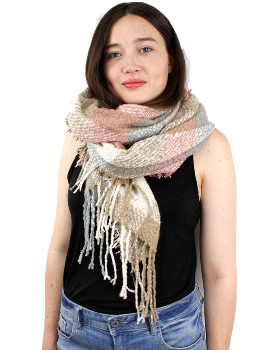 Ladies Boucle Knit Check Blanket Scarf - Pink, Taupe & Grey Check Winter Scarf (50774)