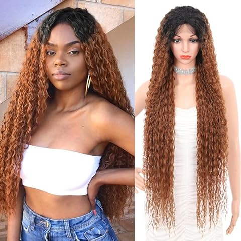 Fecihor 40" Super Long Deep Curly Lace Front Wigs for Women Middle Part Synthetic Curly Wavy Wigs Ombre Brown Transparent Frontal Lace Wig Cover