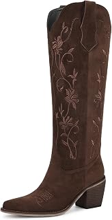 wetkiss Cowboy Boots Womens Knee High Cowgirl Boots Embroidered Pointed Toe